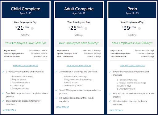3 infographics of the different employer dental plans and the pricing 